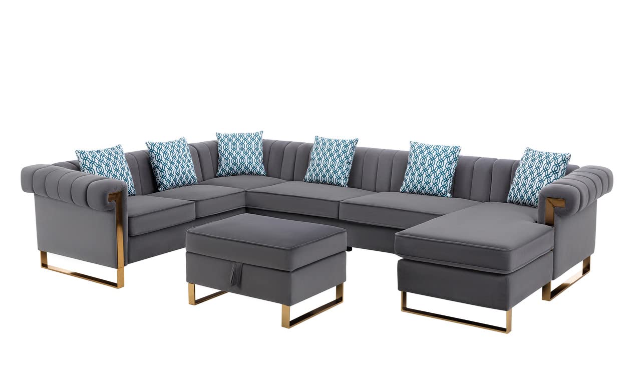 Lilola Home Maddie Gray Velvet 7-Seater Sectional Sofa with Reversible Chaise and Storage Ottoman